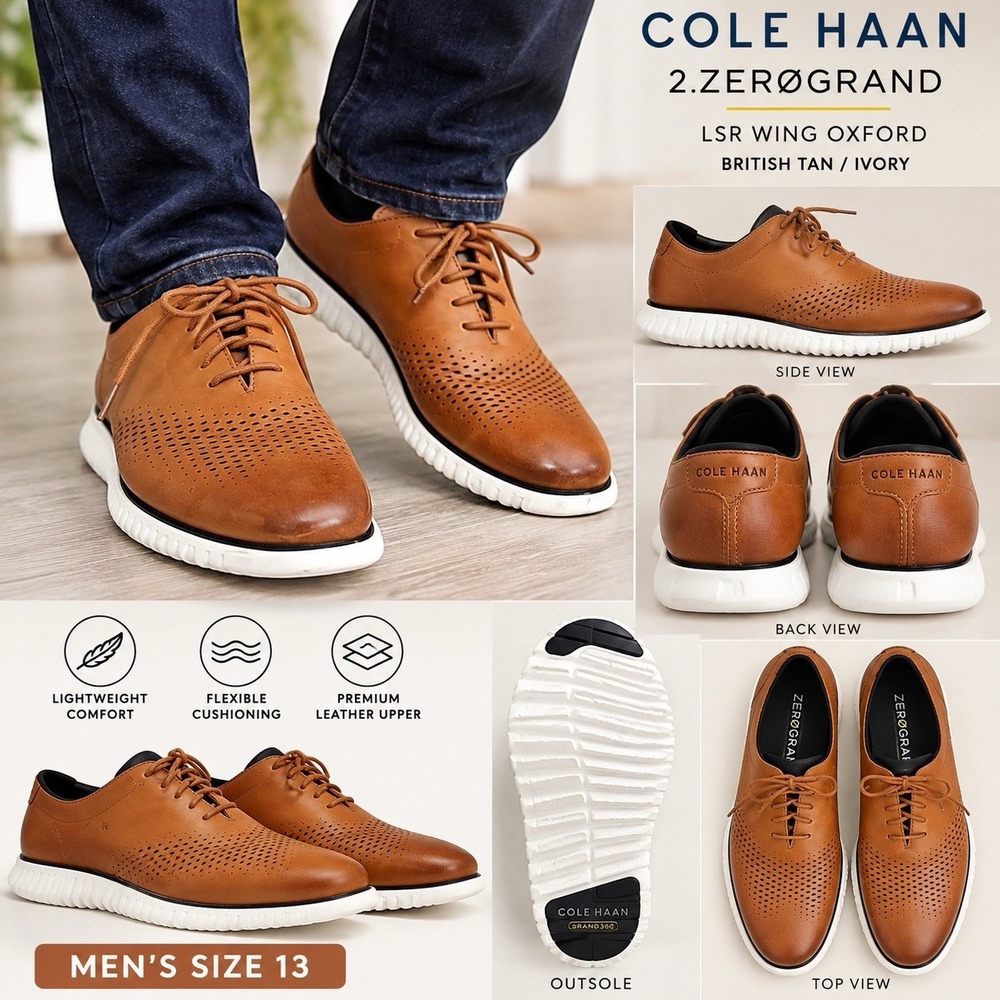Cole Haan 2.ZERØGRAND LSR Wing Oxford Men's Size 13 British Tan Ivory Leather